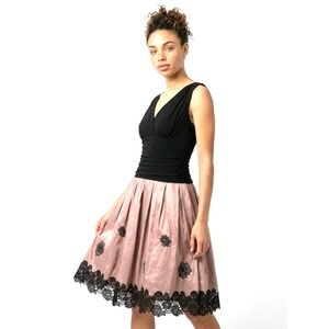 S.L. Fashions Women Black Mauve Lace Hem Ruched V-Neck Cocktail Dress New